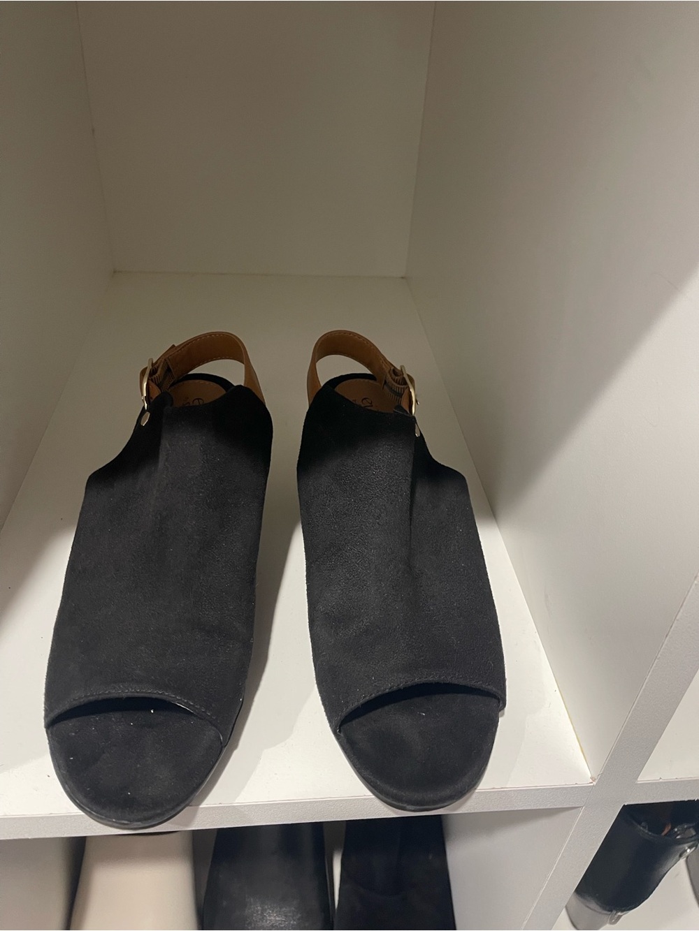 Black Suede Open-Toe Block Heel Sandals with Tan Slingback - Picture 2 of 6